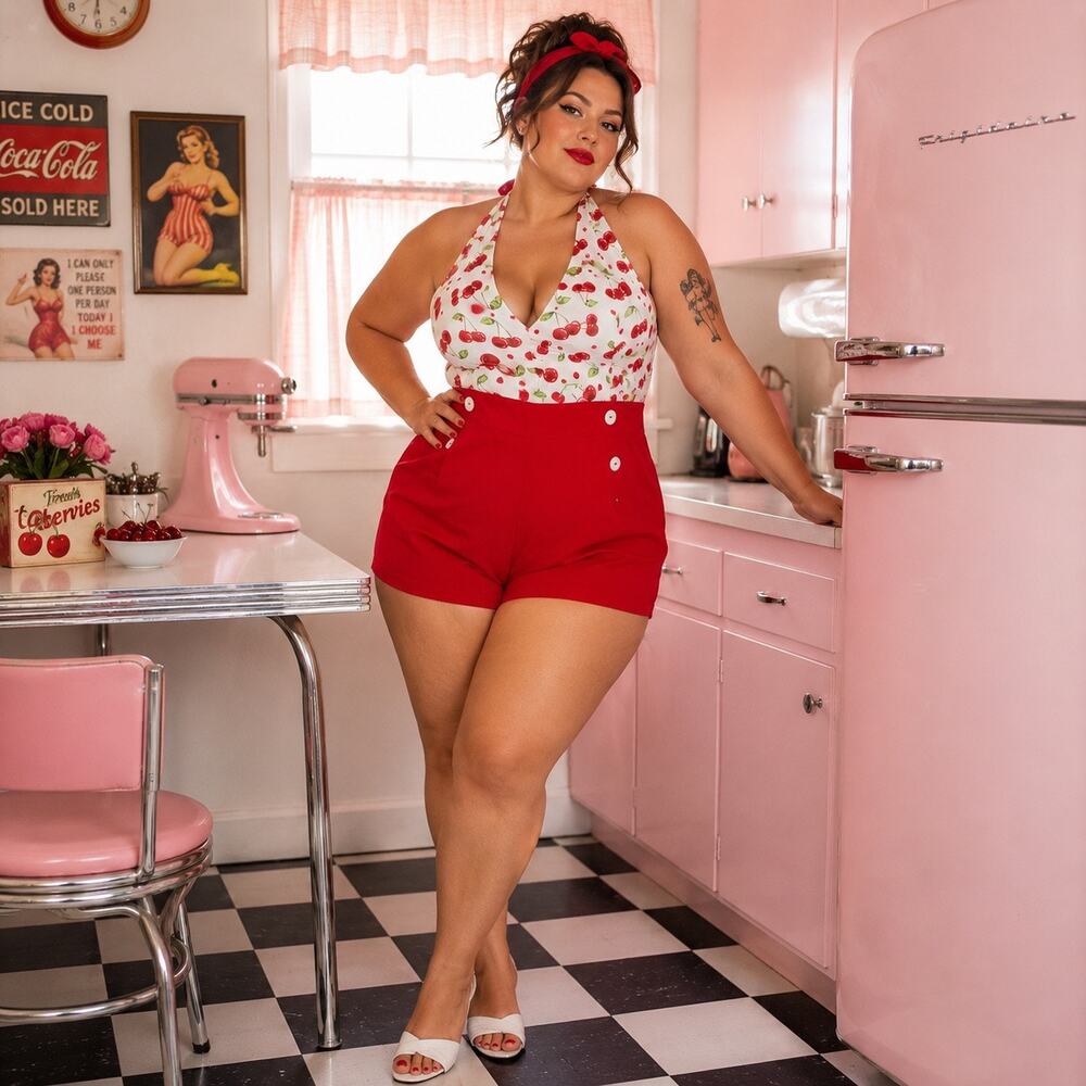 Retro Stage Cherry Halter Romper XL Rockabilly Y2K Americana Cottage Festival